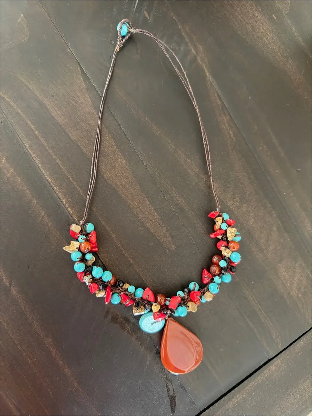 Handmade Turquoise&Red Roral Beaded Necklace good quality from Thailand